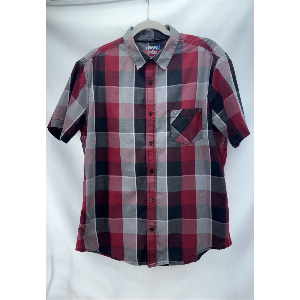 Hawk XL Button Down Short Sleeve Plaid Red Black & Gray Shirt